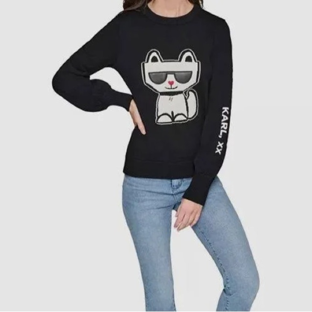 Karl Lagerfeld Paris Women's Black Choupette Crewneck Sweater,
 with Cool Cat
